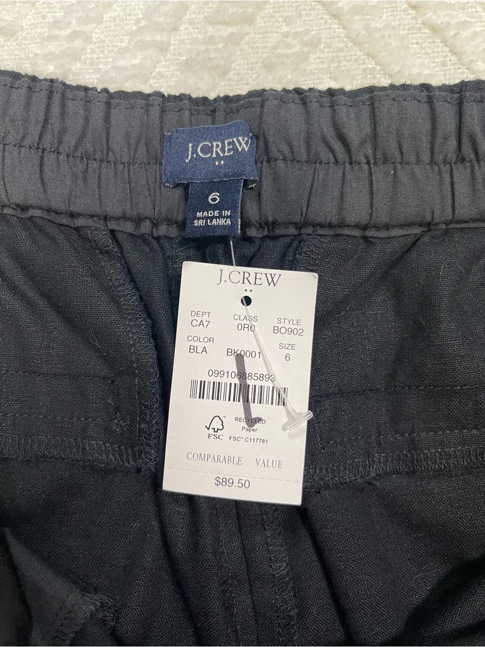J. Crew Black Linen Cotton Sailor Pants Size 6 Elastic Waist Chinos Nautical
